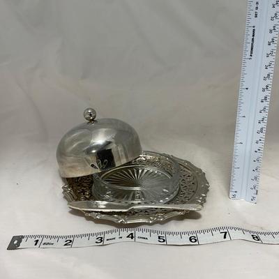 -43- Clear Glass & Metal | Covered Butter Dish | Serving Knife