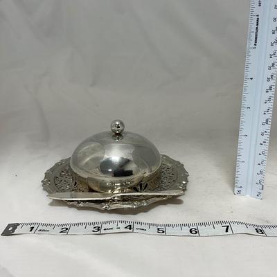 -43- Clear Glass & Metal | Covered Butter Dish | Serving Knife