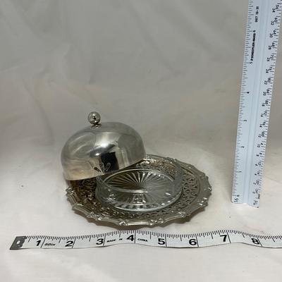 -43- Clear Glass & Metal | Covered Butter Dish | Serving Knife