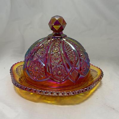 -45- Red / Orange Iridescent Carnival | Covered Butter Dish