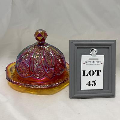 -45- Red / Orange Iridescent Carnival | Covered Butter Dish