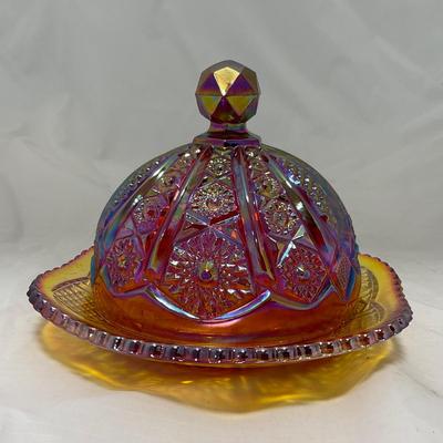 -45- Red / Orange Iridescent Carnival | Covered Butter Dish