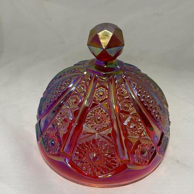 -45- Red / Orange Iridescent Carnival | Covered Butter Dish
