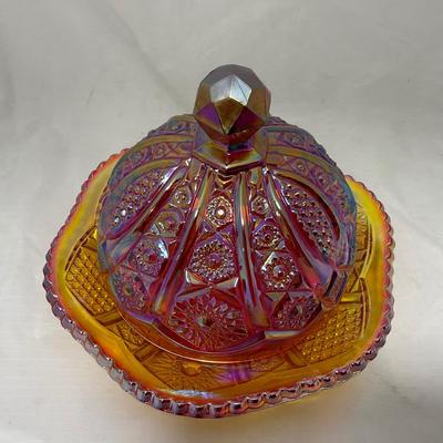 -45- Red / Orange Iridescent Carnival | Covered Butter Dish