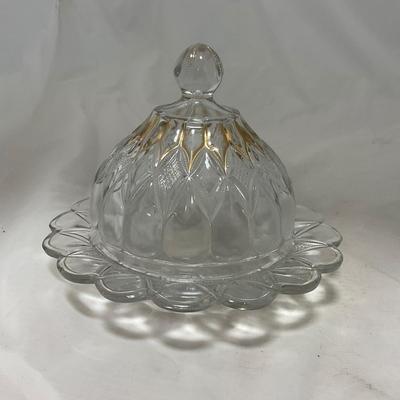 -46- Clear Glass & Gold Accents | Covered Butter Dish