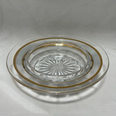 -47- Clear with Gold Stripes | Covered Butter Dish | Sugar & Creamer | Covered Jar
