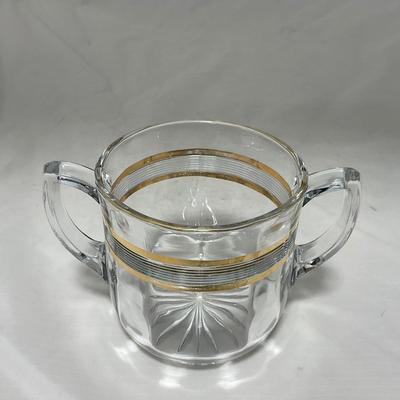 -47- Clear with Gold Stripes | Covered Butter Dish | Sugar & Creamer | Covered Jar