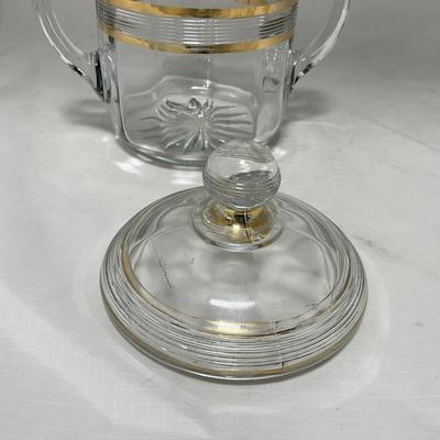 -47- Clear with Gold Stripes | Covered Butter Dish | Sugar & Creamer | Covered Jar