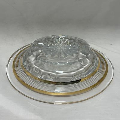 -47- Clear with Gold Stripes | Covered Butter Dish | Sugar & Creamer | Covered Jar