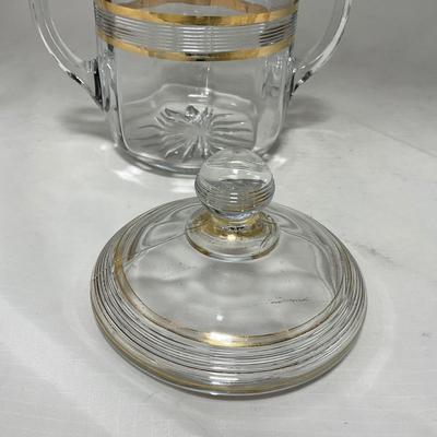 -47- Clear with Gold Stripes | Covered Butter Dish | Sugar & Creamer | Covered Jar