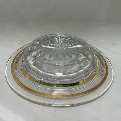 -47- Clear with Gold Stripes | Covered Butter Dish | Sugar & Creamer | Covered Jar