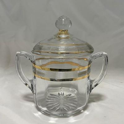 -47- Clear with Gold Stripes | Covered Butter Dish | Sugar & Creamer | Covered Jar