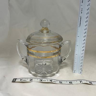-47- Clear with Gold Stripes | Covered Butter Dish | Sugar & Creamer | Covered Jar
