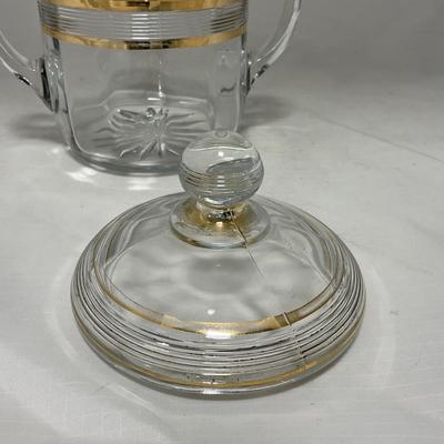 -47- Clear with Gold Stripes | Covered Butter Dish | Sugar & Creamer | Covered Jar
