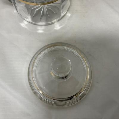 -47- Clear with Gold Stripes | Covered Butter Dish | Sugar & Creamer | Covered Jar