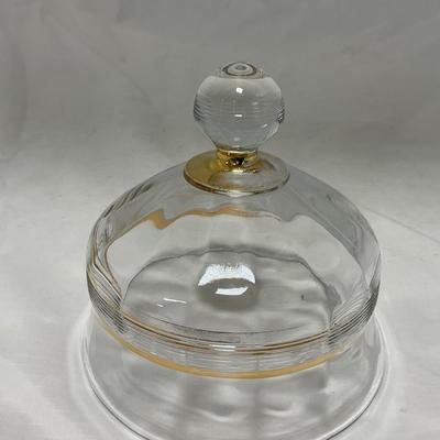 -47- Clear with Gold Stripes | Covered Butter Dish | Sugar & Creamer | Covered Jar