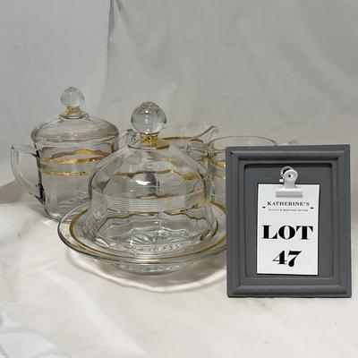 -47- Clear with Gold Stripes | Covered Butter Dish | Sugar & Creamer | Covered Jar