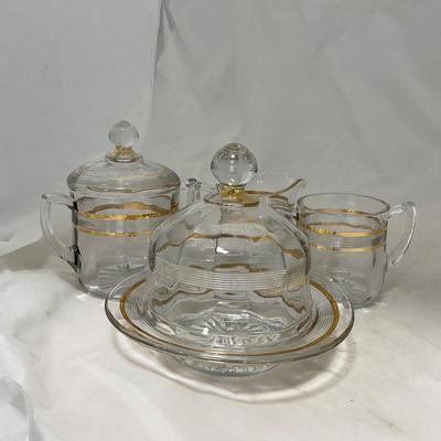 -47- Clear with Gold Stripes | Covered Butter Dish | Sugar & Creamer | Covered Jar