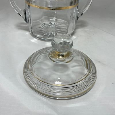 -47- Clear with Gold Stripes | Covered Butter Dish | Sugar & Creamer | Covered Jar