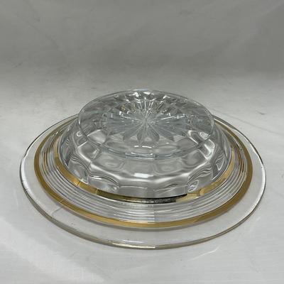 -47- Clear with Gold Stripes | Covered Butter Dish | Sugar & Creamer | Covered Jar