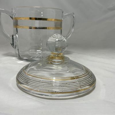 -47- Clear with Gold Stripes | Covered Butter Dish | Sugar & Creamer | Covered Jar