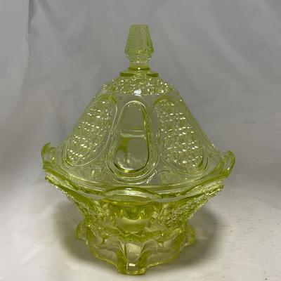 -52- Yellow Vaseline | Uranium Glass | Covered Butter Dish