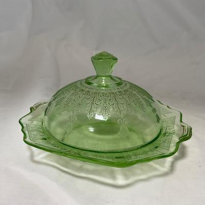 -54- Green Depression Glass | Uranium | Covered Butter Dishh