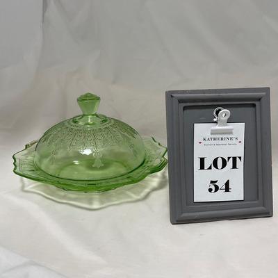 -54- Green Depression Glass | Uranium | Covered Butter Dishh