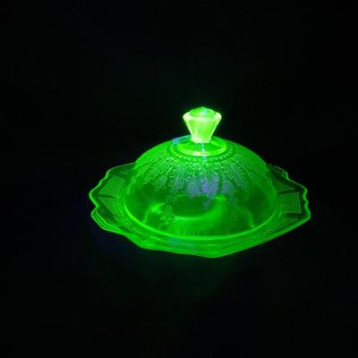-54- Green Depression Glass | Uranium | Covered Butter Dishh
