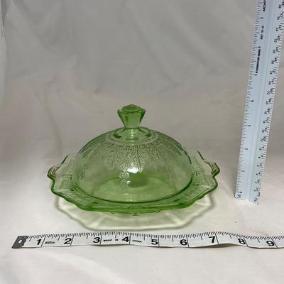 -54- Green Depression Glass | Uranium | Covered Butter Dishh