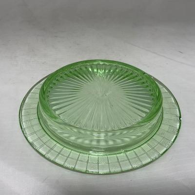 -56- Green Depression Glass | Uranium | Covered Butter Dish