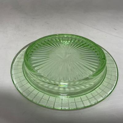 -56- Green Depression Glass | Uranium | Covered Butter Dish