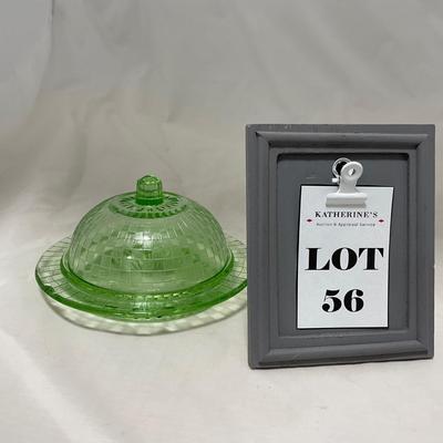 -56- Green Depression Glass | Uranium | Covered Butter Dish