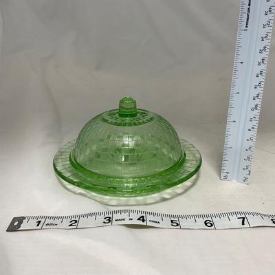 -56- Green Depression Glass | Uranium | Covered Butter Dish