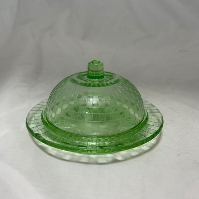 -56- Green Depression Glass | Uranium | Covered Butter Dish