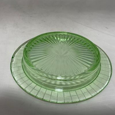 -56- Green Depression Glass | Uranium | Covered Butter Dish