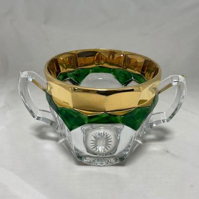 -60- Clear Green & Gold | Butter Dish | Lidded Jar | Creamer & Sugar