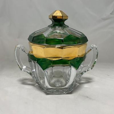-60- Clear Green & Gold | Butter Dish | Lidded Jar | Creamer & Sugar