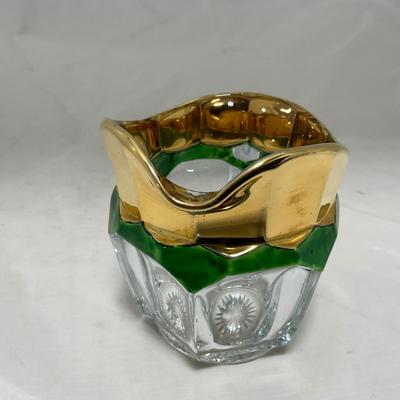 -60- Clear Green & Gold | Butter Dish | Lidded Jar | Creamer & Sugar