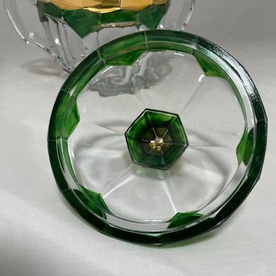 -60- Clear Green & Gold | Butter Dish | Lidded Jar | Creamer & Sugar