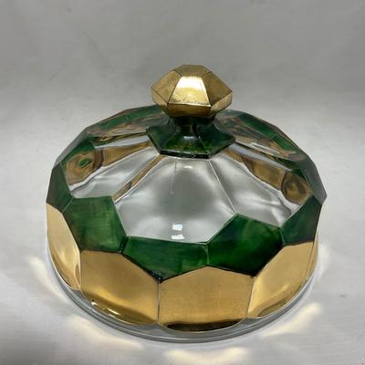 -60- Clear Green & Gold | Butter Dish | Lidded Jar | Creamer & Sugar