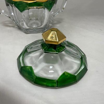 -60- Clear Green & Gold | Butter Dish | Lidded Jar | Creamer & Sugar