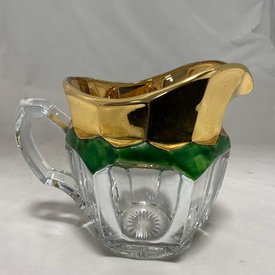 -60- Clear Green & Gold | Butter Dish | Lidded Jar | Creamer & Sugar