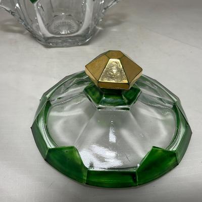 -60- Clear Green & Gold | Butter Dish | Lidded Jar | Creamer & Sugar
