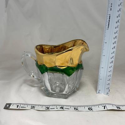 -60- Clear Green & Gold | Butter Dish | Lidded Jar | Creamer & Sugar