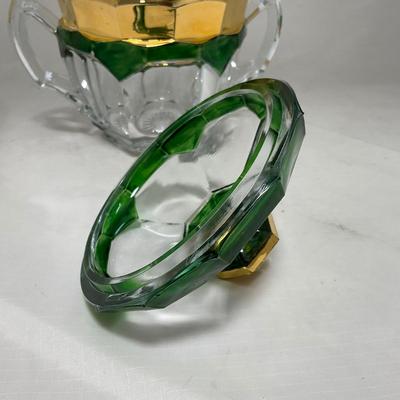 -60- Clear Green & Gold | Butter Dish | Lidded Jar | Creamer & Sugar