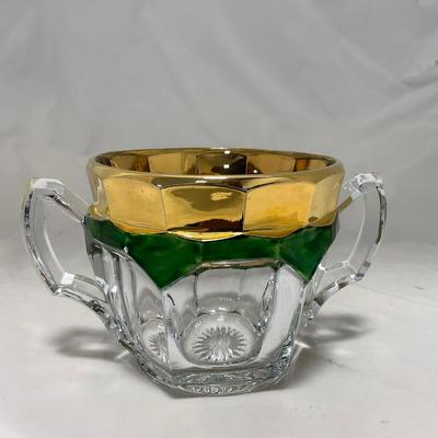 -60- Clear Green & Gold | Butter Dish | Lidded Jar | Creamer & Sugar