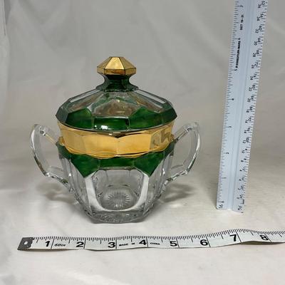 -60- Clear Green & Gold | Butter Dish | Lidded Jar | Creamer & Sugar