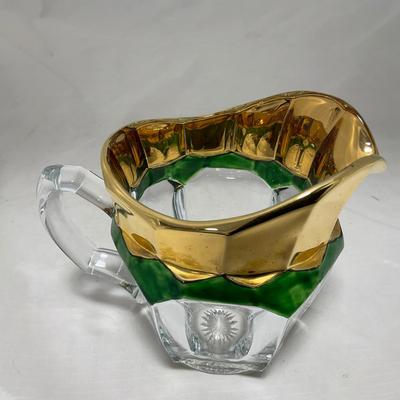 -60- Clear Green & Gold | Butter Dish | Lidded Jar | Creamer & Sugar