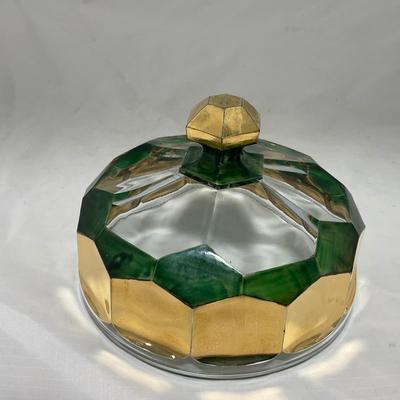 -60- Clear Green & Gold | Butter Dish | Lidded Jar | Creamer & Sugar